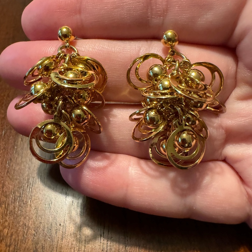 Gold toned earrings. A cute jumble of balls and discs. EUC. Ships with backs on. - Picture 1 of 4
